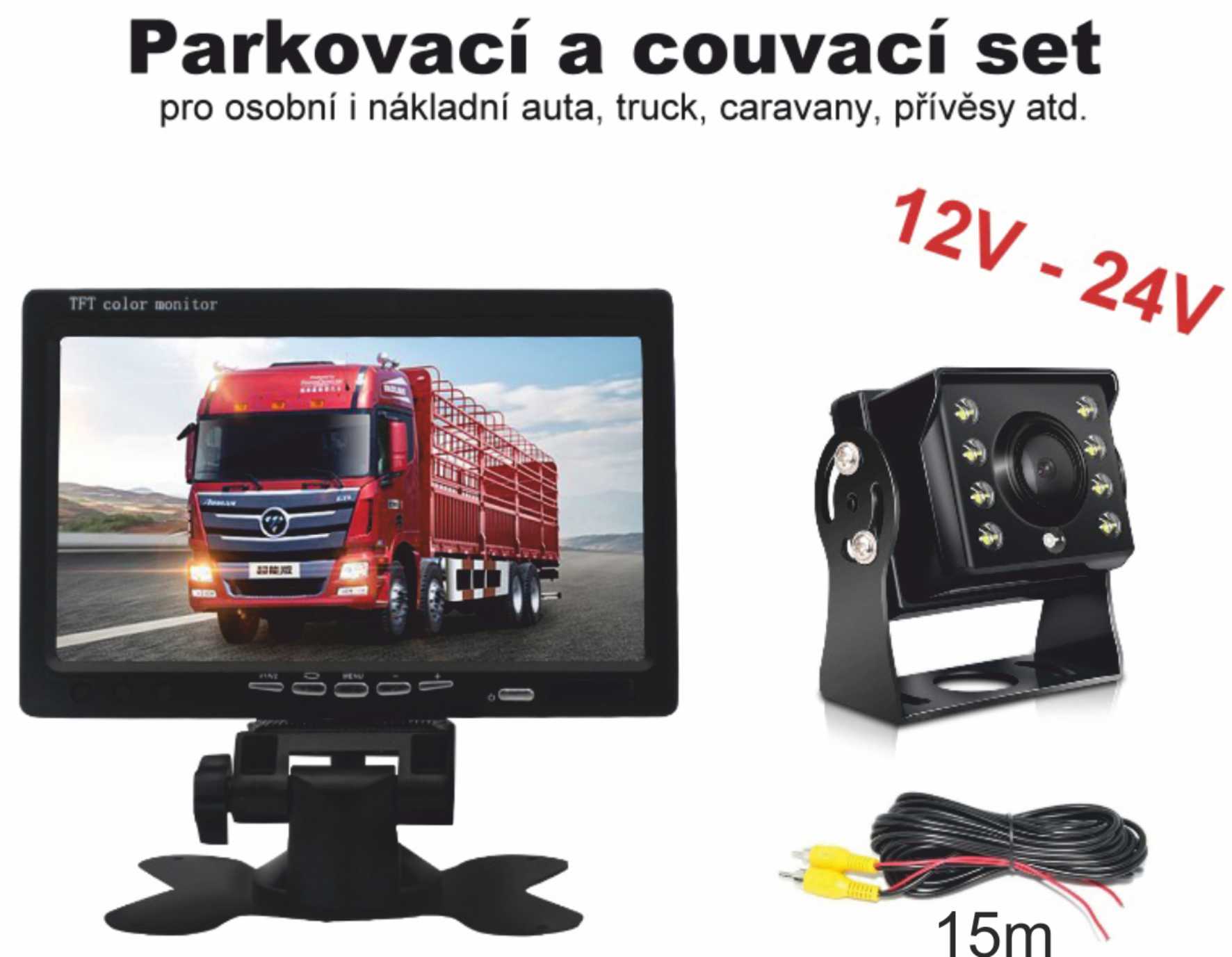 Parkovací a couvací set 12-24V - LCD monitor 7" + kamera s kabelem