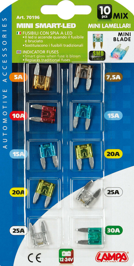 Pojistky s LED indikátorem MINI – sada 10ks