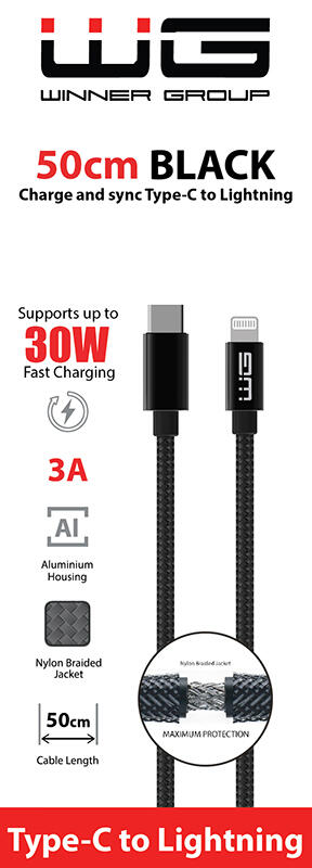 WG Datový kabel USB-C / Lightning, 3A, černý, 50cm