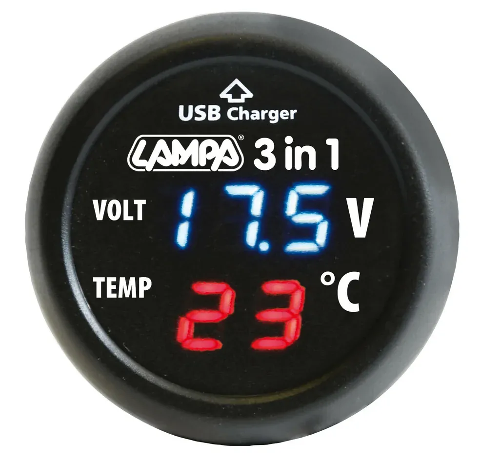 Voltmetr s USB nabíječkou a teploměrem