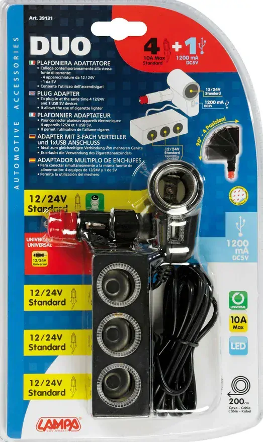 Rozčtyřka autozapalovače 12/24V DUO s USB
