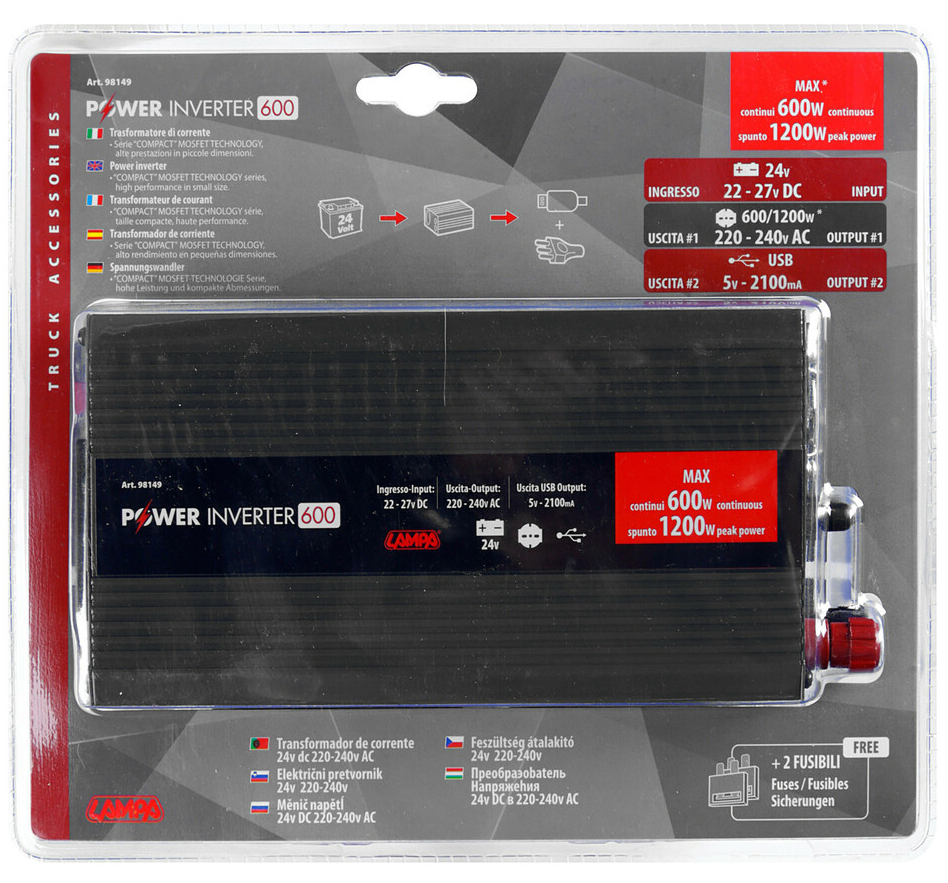 Měnič napětí 24V – 230V, 600W s USB