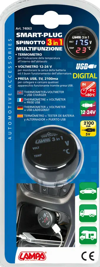 Voltmetr s USB nabíječkou a teploměrem